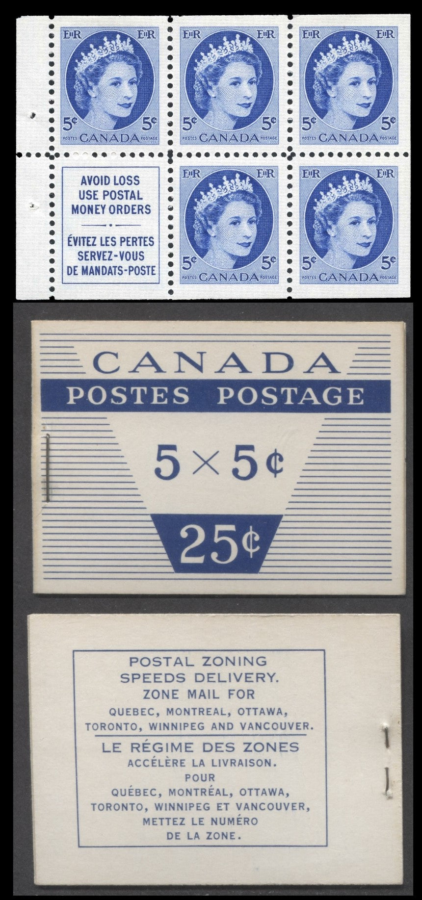 Canada #BK49d 1954 Wilding Issue, A Complete 25c Bilingual Booklet Made Up Of 5c Blue, One Pane Of 5+Label, Type III Cover With Smooth Paper - Postal Zoning, 12mm Staple