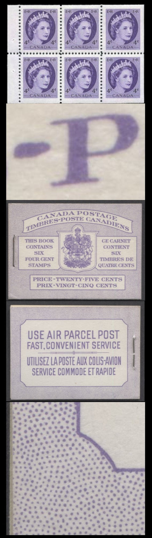 Canada #BK50 1954 Wilding Issue, A Complete 25c Bilingual Booklet Made Up Of 4c Violet, Pane Of 6, Front Cover IIIe, Back Cover Mi, 16mm Staple, DF Pane