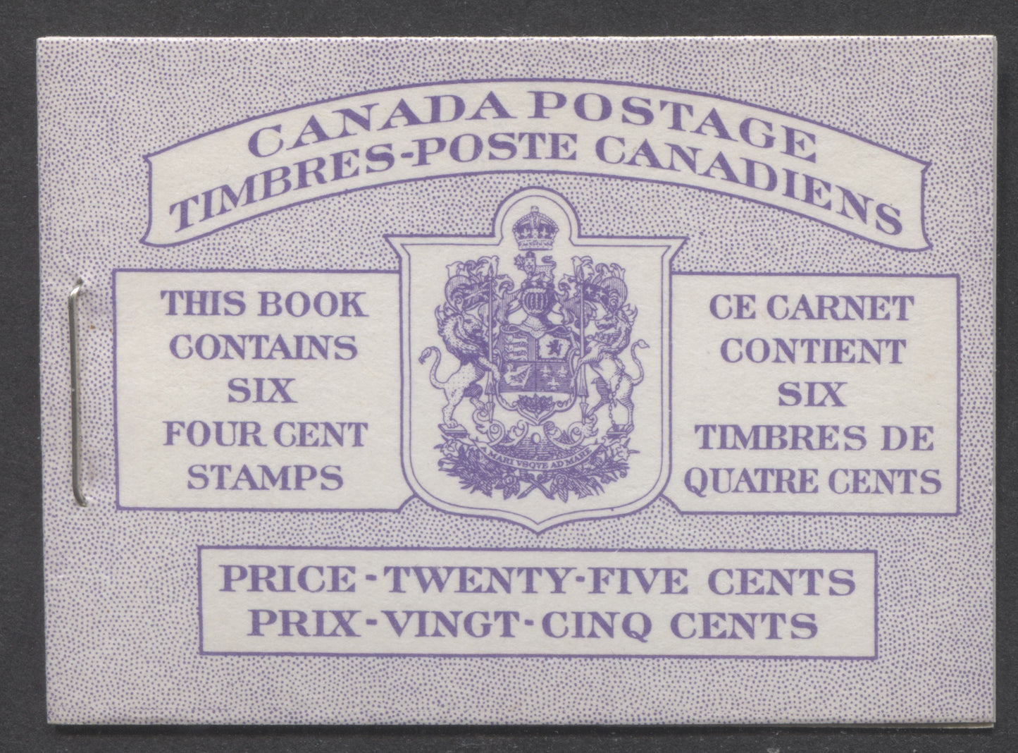 Canada #BK50 1954 Wilding Issue, A Complete 25c Bilingual Booklet Made Up Of 4c Violet, Pane Of 6, Front Cover IIIf, Back Cover Mi, Horizontal Ribbed Paper, Dot Varieties & Die Pattern Join On Right Side Of Back Cover