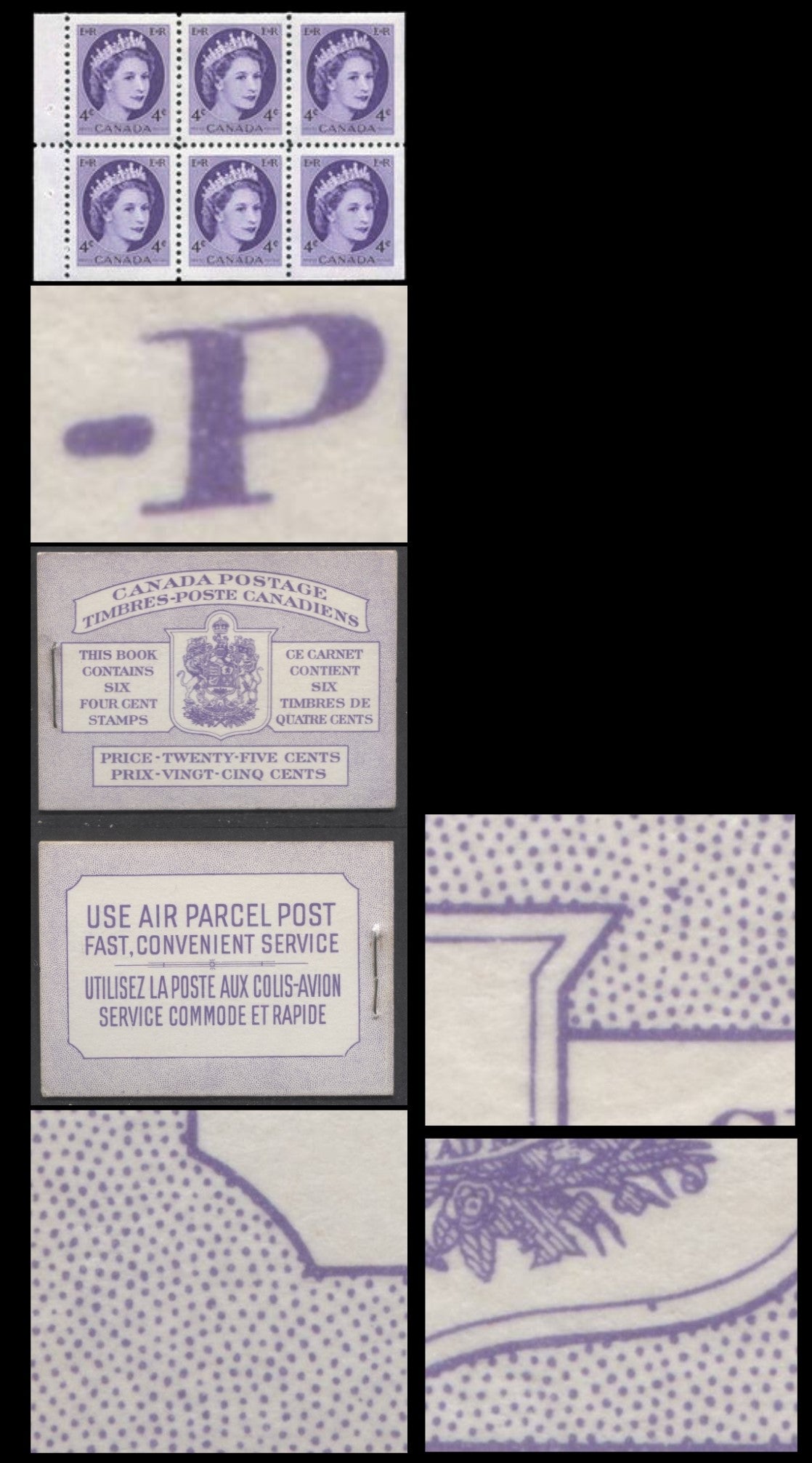 Canada #BK50 1954 Wilding Issue, A Complete 25c Bilingual Booklet Made Up Of 4c Violet, Pane Of 6, Front Cover IIIf, Back Cover Mii, Horizontal Ribbed Paper, Dot Varieties