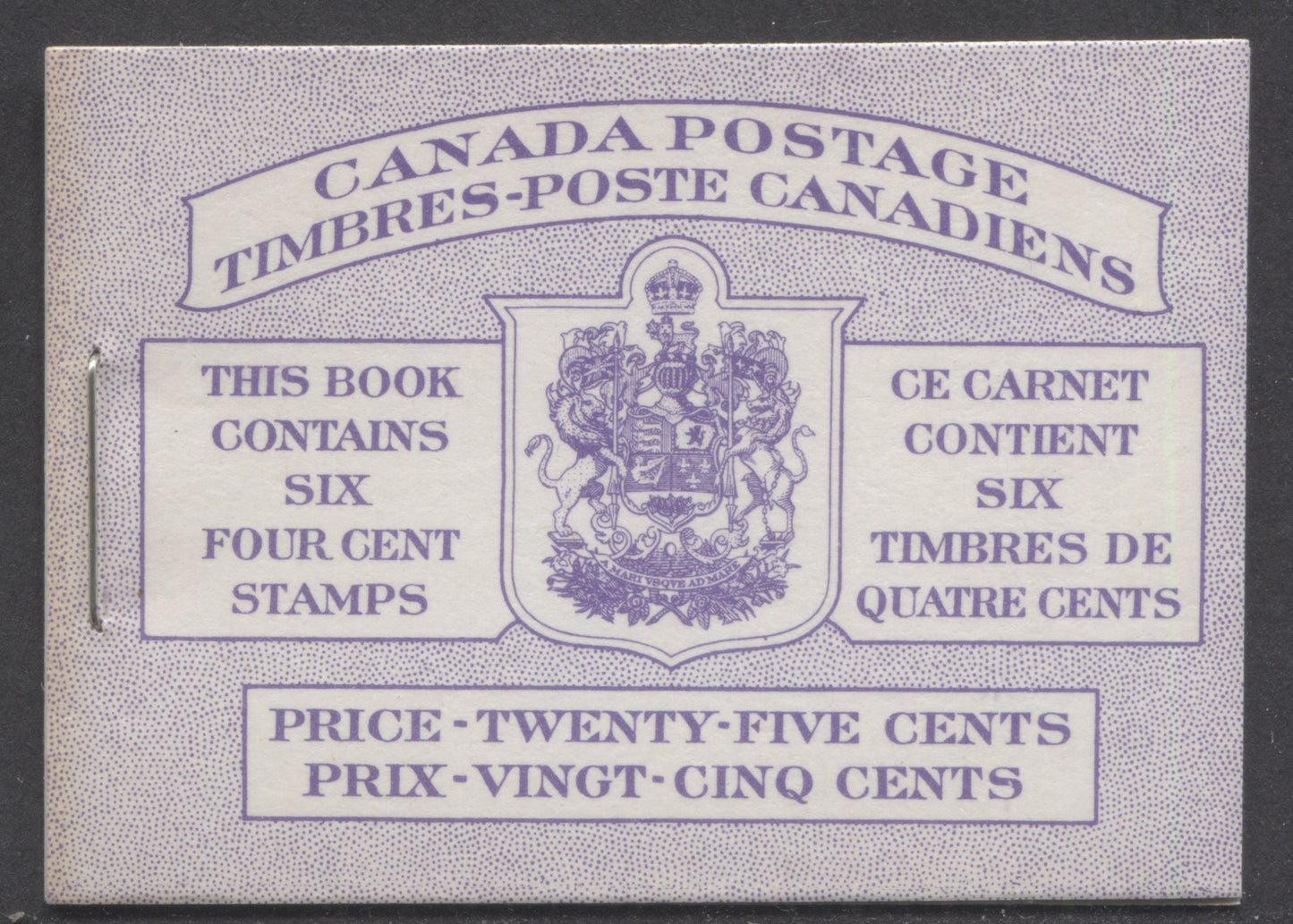 Canada #BK50var 1954 Wilding Issue, A Complete 25c Bilingual Booklet Made Up Of 4c Violet, Pane Of 6, Front Cover IIIf, Back Cover Mii, Horizontal Ribbed Paper, Die Join At Right On Back Cover