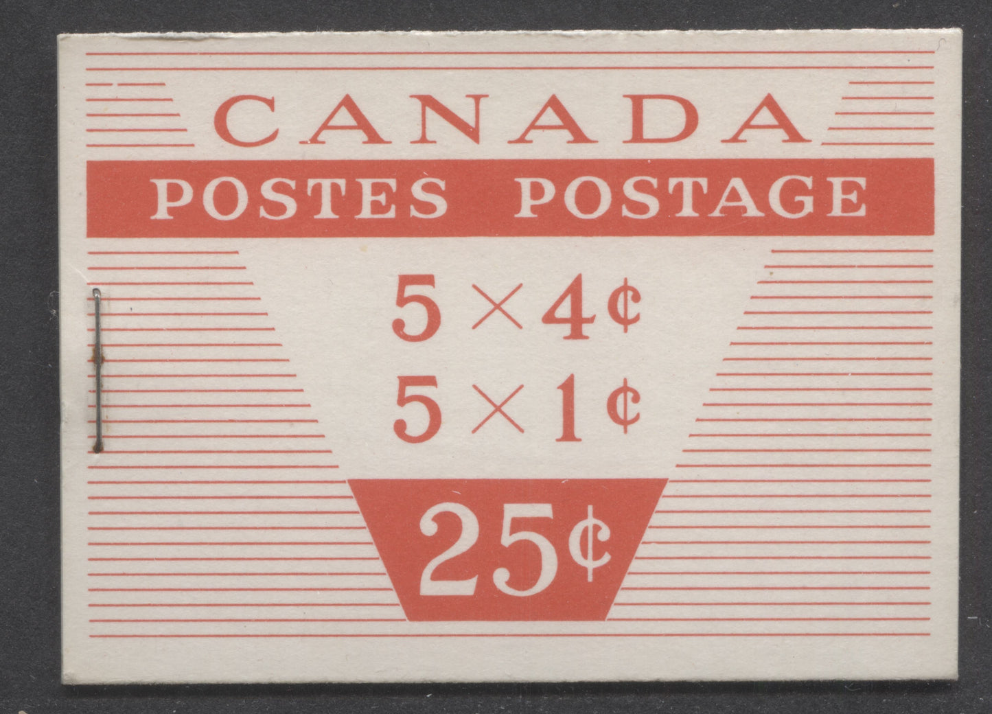 Canada #BK51e 1954 Wilding Issue, A Complete 25c Bilingual Booklet Made Up Of 1c Violet Brown & 4c Violet, 2 Panes Of 5+Label, Type II Cover, DF Paper, 12mm Staple