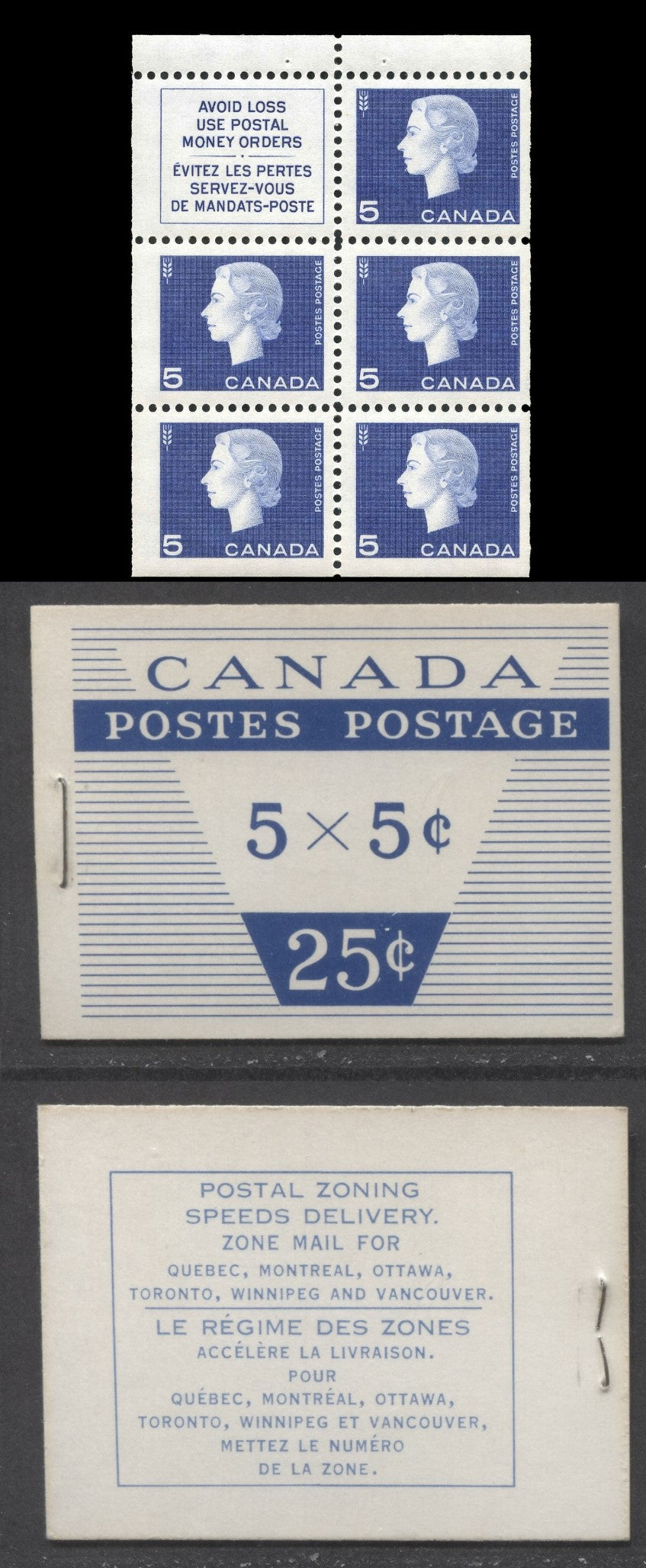 Canada #BK52b 1962-1967 Cameo Issue, A Complete 25c Bilingual Booklet Made Up Of 5c Blue, One Pane Of 5+Label, Type II Cover With Interleaf, Inside 'Local 4c 1st Ounce'