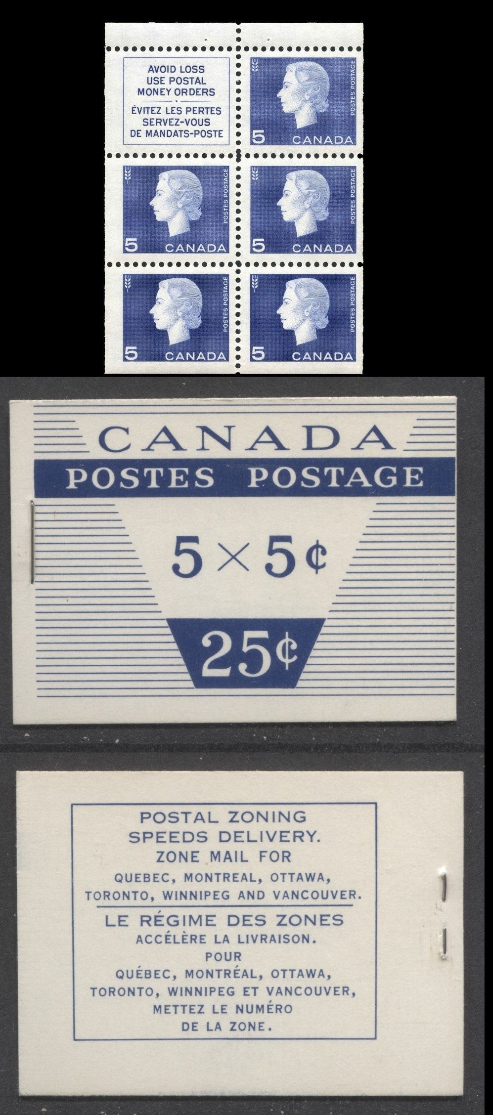 Canada #BK52f 1962-1967 Cameo Issue, A Complete 25c Bilingual Booklet Made Up Of 5c Blue, One Pane Of 5+Label, Type IV Cover, 65mm Design, DF Pane