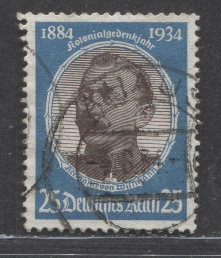 Germany SC#435 (Mi543y) 25pf Bright Blue & Chocolate 1934 Lost Colonies Issue, On Horizontal Ribbed Paper, A Fine/Very Fine Used Single, Click on Listing to See ALL Pictures, 2017 Scott Cat. $20 USD