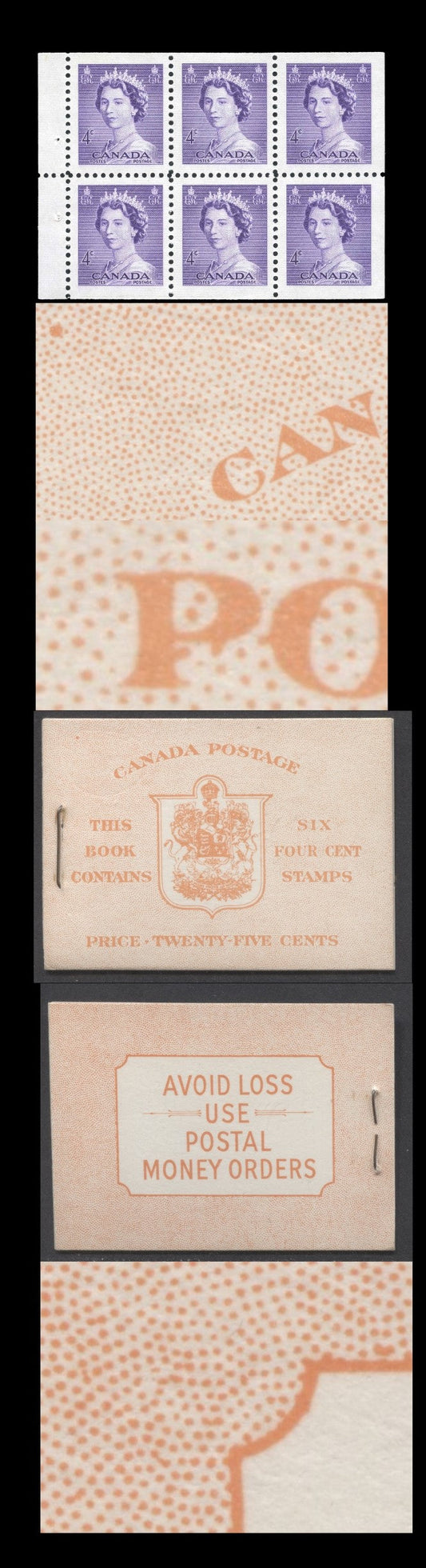 Canada #BK45EIIiEii 1953 Karsh Issue, A Complete 25c English Booklet Made Up Of 4c Violet, 1 Pane Of 6, Front cover IIi, Back Cover Eii, Type II Cover, No Rate Page