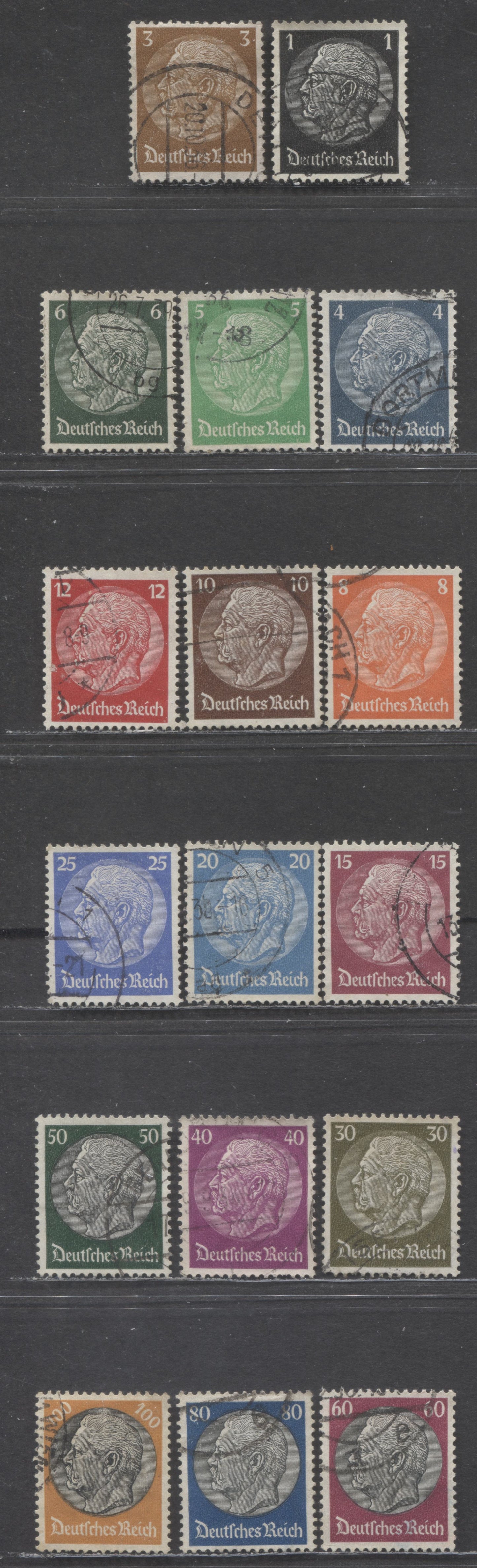 Germany SC#415 (512x)-431 (Mi528x) 1933-1936 Hindenburg Definitives, Complete Set, Swastika Wmks On Translucent, Thinner Vertical Wove Paper, 17 Very Fine Used Singles, 2017 Scott Cat. $8.45 USD