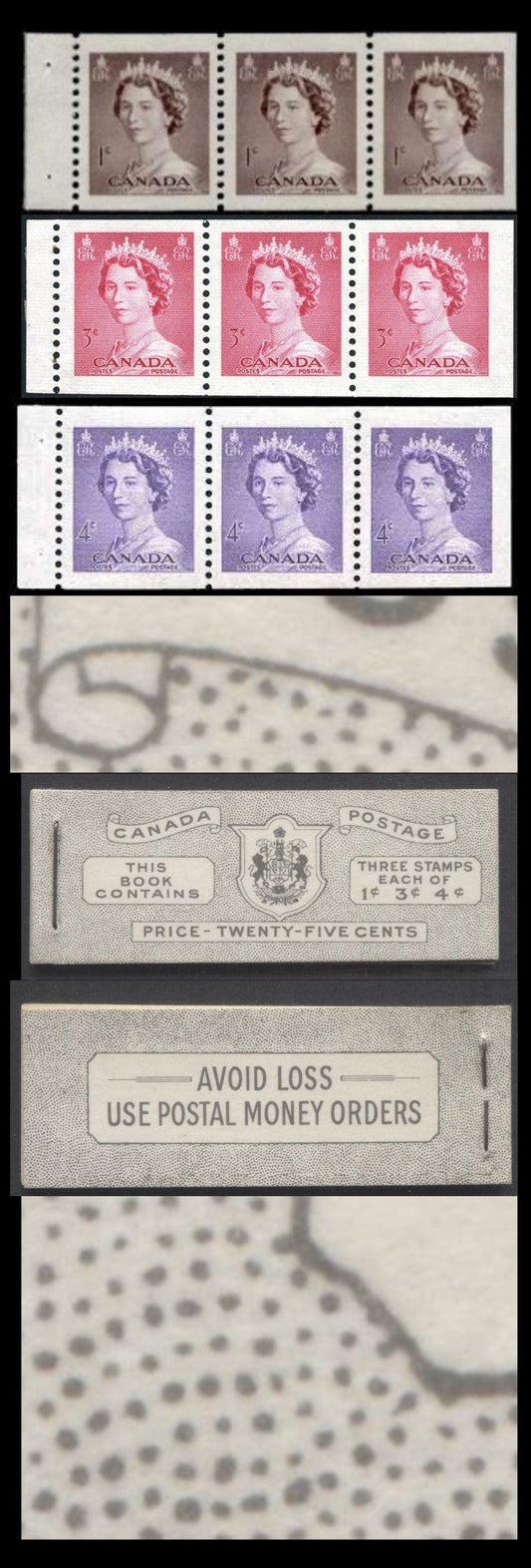 Canada #BK47E 1953 Karsh Issue, A Complete 25c English Booklet Made Up Of 1c Violet Brown, 3c Carmine Rose, 4c Violet, 3 Panes Of 3, Front Cover IVd, Back cover Iii, Type II Cover, No Rate Page