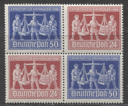 Germany - American & British Zone SC#585cvar (Mi Vzdi) 24pf CarMine & 50pf Blue 1948 Hanover Fair Issue, A FNH Block Of 4, Click on Listing to See ALL Pictures, Estimated Value $15 USD