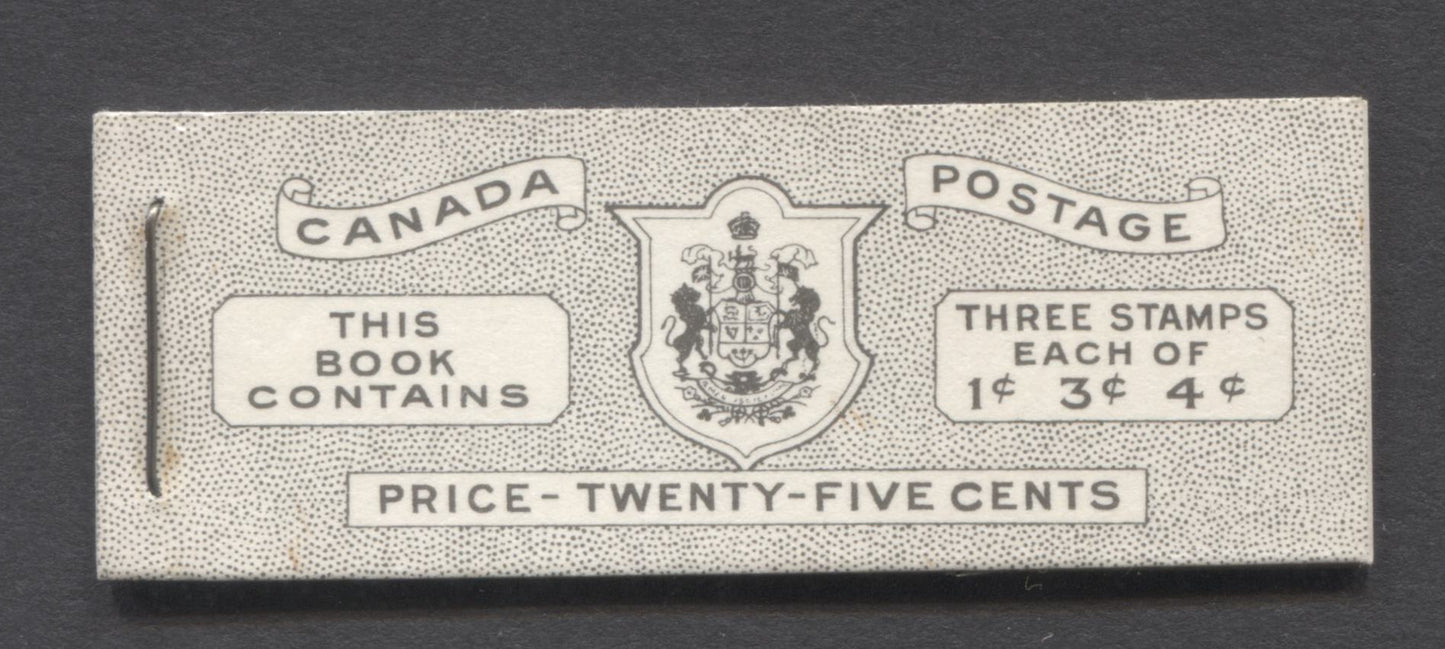 Canada #BK47E 1953 Karsh Issue, A Complete 25c English Booklet Made Up Of 1c Violet Brown, 3c Carmine Rose, 4c Violet, 3 Panes Of 3, Front Cover IVb, Back Cover Iiv, Type II Cover, No Rate Page, Die Pattern Join At Top Of Back Cover