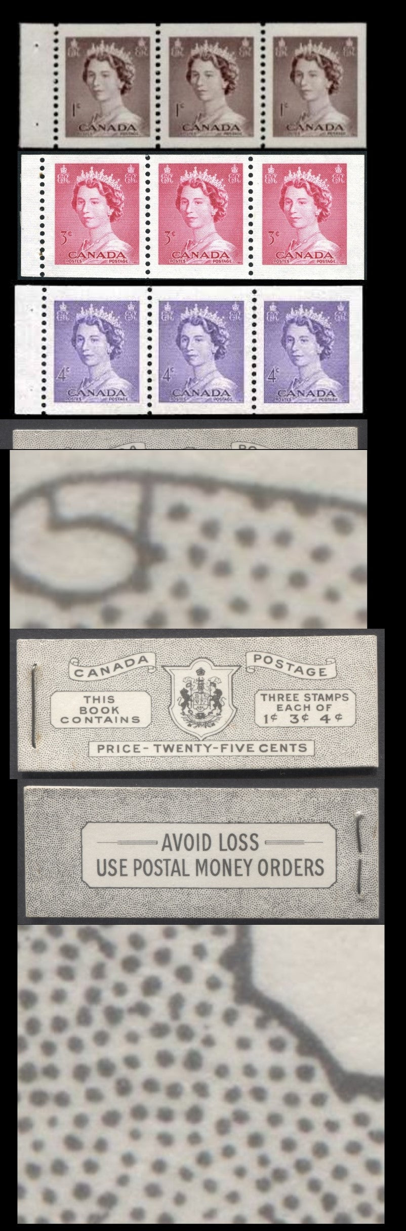 Canada #BK47E 1953 Karsh Issue, A Complete 25c English Booklet Made Up Of 1c Violet Brown, 3c Carmine Rose, 4c Violet, 3 Panes Of 3, Front Cover IVb, Back Cover Iiv, Type II Cover, No Rate Page, Die Pattern Join At Top Of Back Cover