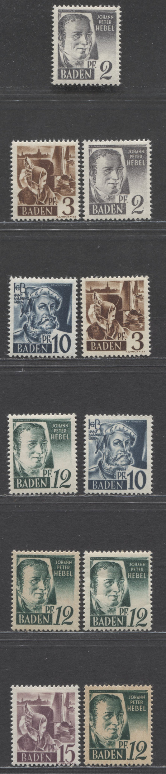 Germany - French Occupation of Baden SC#5N1 (1YVI)-5N5 (5XXII) 1947 1st Pictorial Issue, On White & Off White Papers, Type 1-3 Pictorials, 11 F/VFOG Singles, Click on Listing to See ALL Pictures, Estimated Value $10 USD