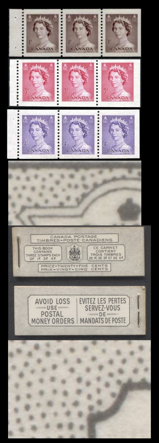 Lot 44 Canada #BK47B 1953 Karsh Issue, A Complete 25c Bilingual Booklet Made Up Of 1c Violet Brown, 3c Carmine Rose, 4c Violet, 3 Panes Of 3, Front Cover VIj, Back Cover Lx, Type II Cover, No Rate Page