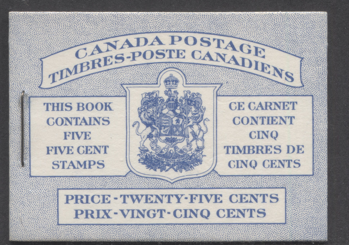 Canada #BK48aB 1954 Wildlife Issue, A Complete 25c Bilingual Booklet Made Up Of 5c Blue, One Pane Of 5+Label, Front cover IIIh, Back Cover Mi, Type II Cover, Break In Text Box At LL & Dot To UR Of Arms & Dot In Inner Line Of Shield