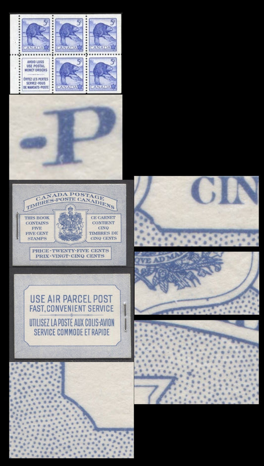 Canada #BK48aB 1954 Wildlife Issue, A Complete 25c Bilingual Booklet Made Up Of 5c Blue, One Pane Of 5+Label, Front cover IIIh, Back Cover Mi, Type II Cover, Break In Text Box At LL & Dot To UR Of Arms & Dot In Inner Line Of Shield