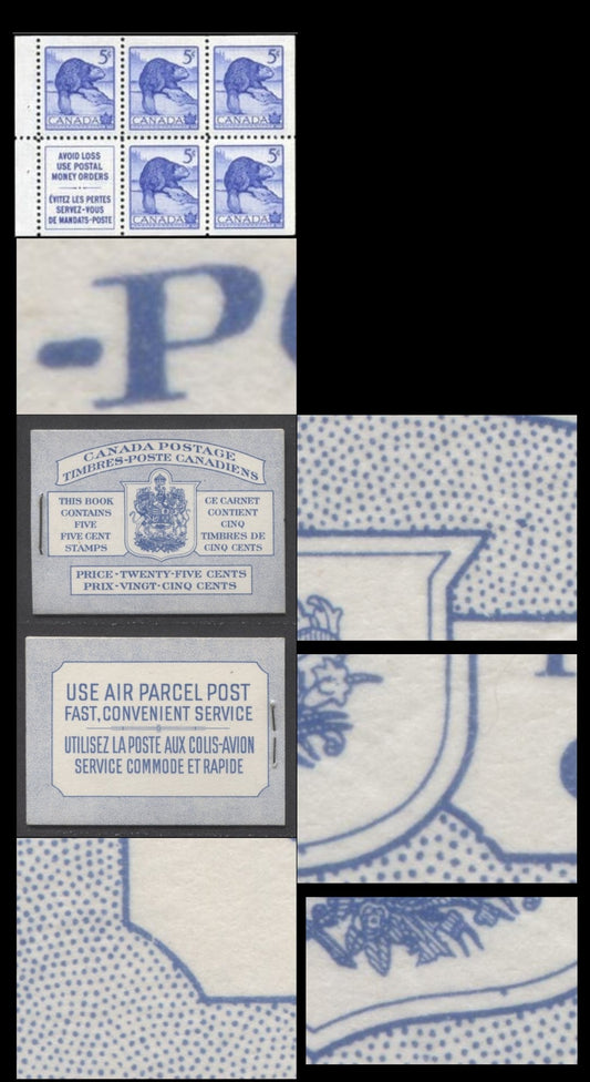 Lot 53 Canada #BK48aB 1954 Wildlife Issue, A Complete 25c Bilingual Booklet Made Up Of 5c Blue, One Pane Of 5+Label, Front cover IIIh, Back Cover Mi, Type II Cover, Break In Text Box At LL & Dot To UR Of Shield & Dot In Inner Line Of Shield