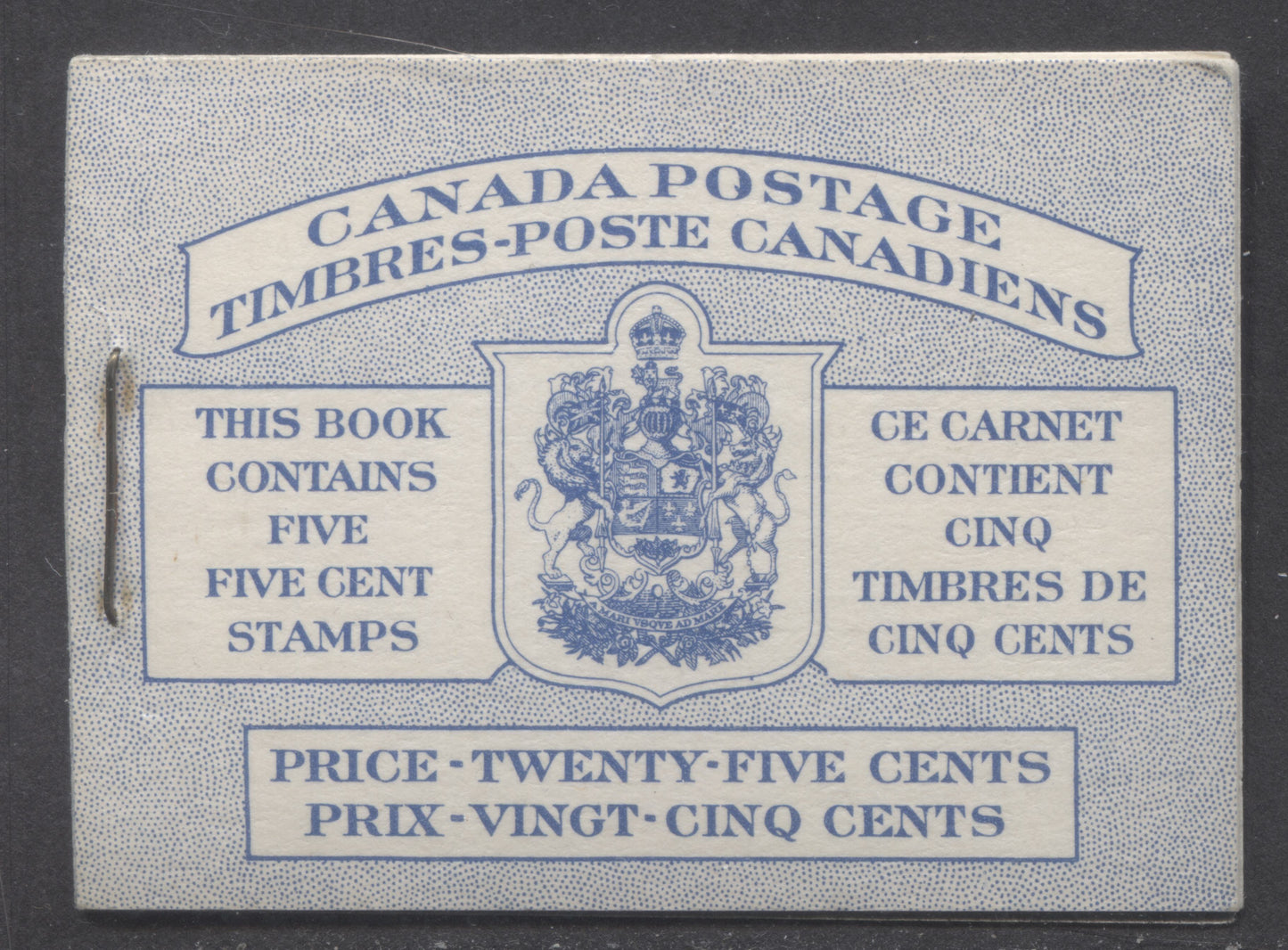 Lot 57 Canada #BK48aB 1954 Wildlife Issue, A Complete 25c Bilingual Booklet Made Up Of 5c Blue, One Pane Of 5+Label, Front cover IIIh, Back Cover Mii, Type II Cover, Break In Text Box, Dots On Inner Frame Of Shield & UR Of Shield