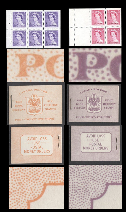 Lot 5 Canada #BK45E & BK46E 1953 Karsh Issue, 2 Complete 25c English Booklet Made Up Of 4c Violet, 1 Pane Of 6 & 3c Carmine Rose, 2 Panes Of 4+Labels, Front Cover IIe & Iii, Back Covers Eiii, Type II Covers, No Rate Pages