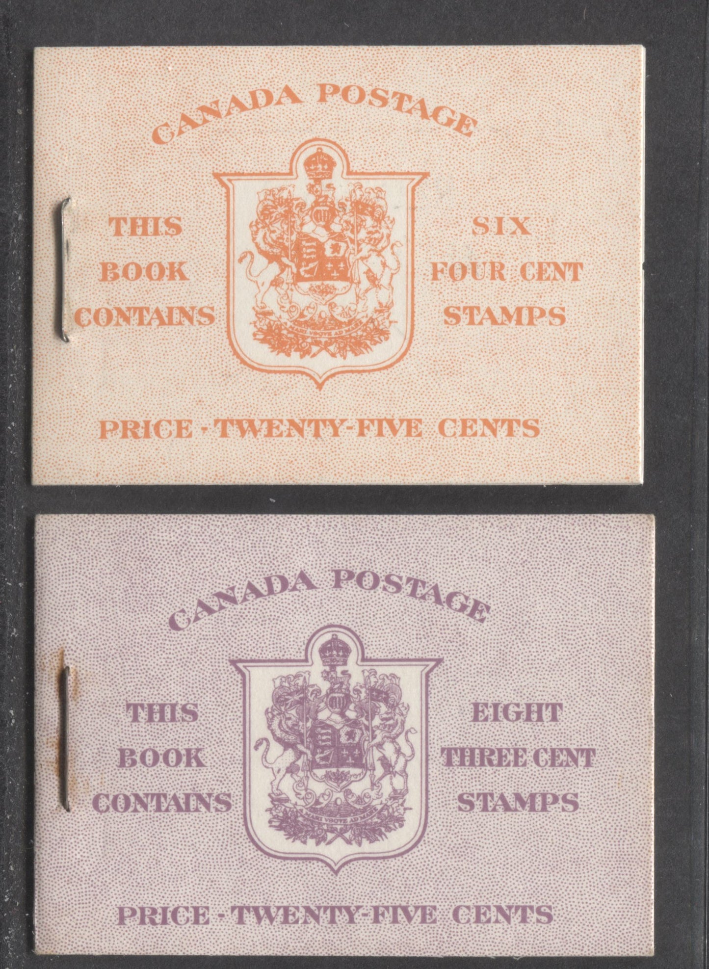 Lot 6 Canada #BK45E & BK46E 1953 Karsh Issue, 2 Complete 25c English Booklet Made Up Of 4c Violet, 1 Pane Of 6 & 3c Carmine Rose, 2 Panes Of 4+Labels, Front Cover IIe & Iii, Back Covers Eiv, Type II Covers, No Rate Pages