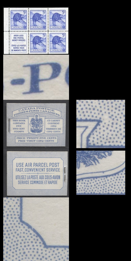 Lot 60 Canada #BK48aB 1954 Wildlife Issue, A Complete 25c Bilingual Booklet Made Up Of 5c Blue, One Pane Of 5+Label, Front cover IIIg, Back Cover Mii, Type II Cover, Dot To UR Of Shield Burnished Out But Dot On Inner Frameline Remains