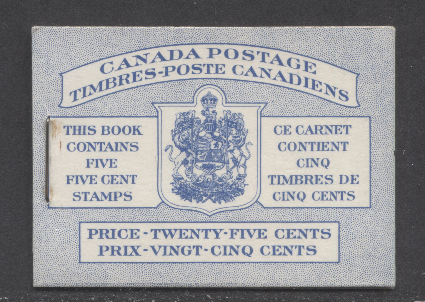 Lot 63 Canada #BK48aB 1954 Wildlife Issue, A Complete 25c Bilingual Booklet Made Up Of 5c Blue, One Pane Of 5+Label, Front cover IIIh, Back Cover Mii, Type II Cover, Die Pattern Join At Top Of Front Cover & Dots