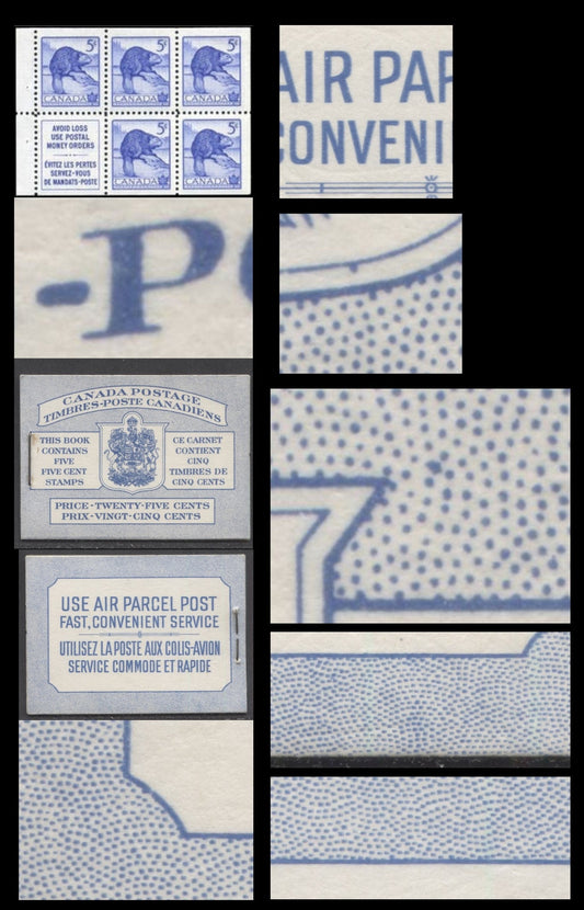 Lot 63 Canada #BK48aB 1954 Wildlife Issue, A Complete 25c Bilingual Booklet Made Up Of 5c Blue, One Pane Of 5+Label, Front cover IIIh, Back Cover Mii, Type II Cover, Die Pattern Join At Top Of Front Cover & Dots