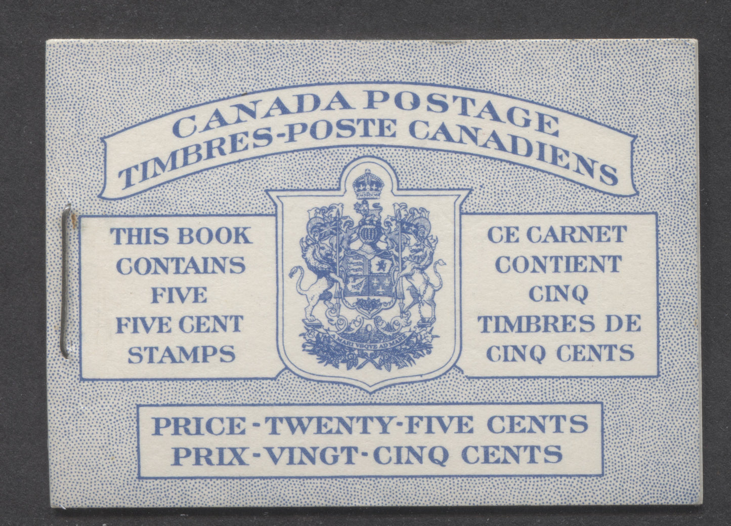 Canada #BK48aB 1954 Wildlife Issue, A Complete 25c Bilingual Booklet Made Up Of 5c Blue, One Pane Of 5+Label, Front cover IIIh, Back Cover Mii, Type II Cover, Frame Breaks Under B Of 'Timbres' & 'V' Of Five & Dots