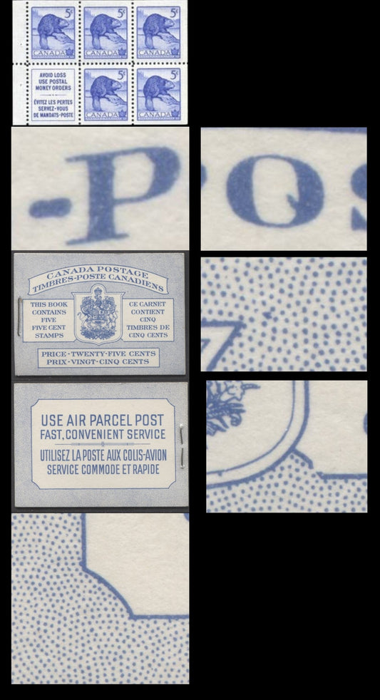 Canada #BK48aB 1954 Wildlife Issue, A Complete 25c Bilingual Booklet Made Up Of 5c Blue, One Pane Of 5+Label, Front cover IIIh, Back Cover Mii, Type II Cover, Frame Breaks Under B Of 'Timbres' & 'V' Of Five & Dots