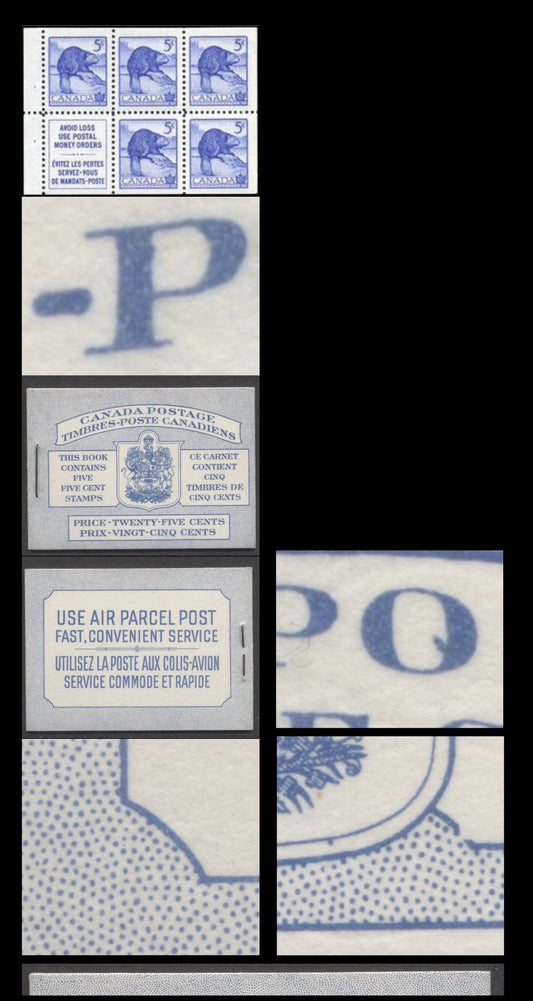 Lot 67 Canada #BK48aB 1954 Wildlife Issue, A Complete 25c Bilingual Booklet Made Up Of 5c Blue, One Pane Of 5+Label, Front cover IIIh, Back Cover Mii, Type II Cover, Break In Text Box, Dots & Flaw On 'O' Of Postage