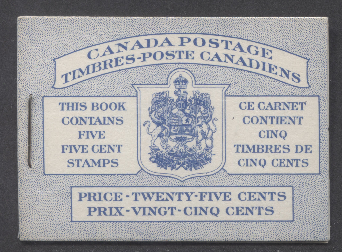 Lot 68 Canada #BK48aB 1954 Wildlife Issue, A Complete 25c Bilingual Booklet Made Up Of 5c Blue, One Pane Of 5+Label, Horizontal Ribbed Paper, Break In Text Box, Dots, Die Pattern Join On Top Of Front Cover & Flaw In 'O'