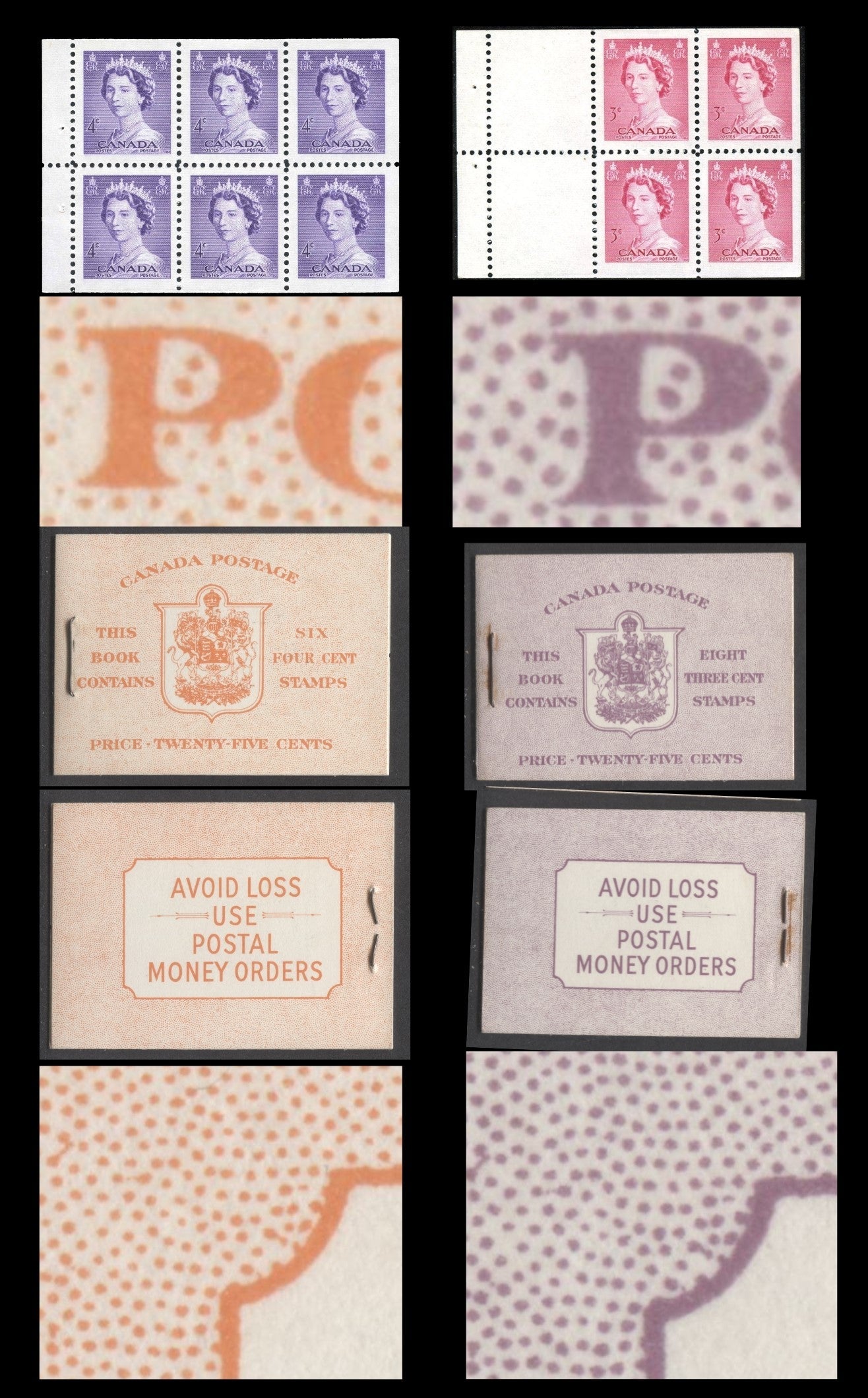 Lot 6 Canada #BK45E & BK46E 1953 Karsh Issue, 2 Complete 25c English Booklet Made Up Of 4c Violet, 1 Pane Of 6 & 3c Carmine Rose, 2 Panes Of 4+Labels, Front Cover IIe & Iii, Back Covers Eiv, Type II Covers, No Rate Pages