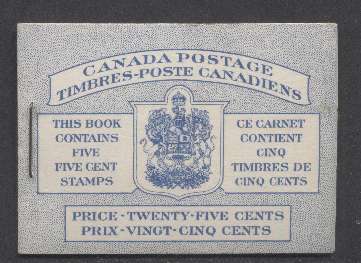 Lot 69 Canada #BK48aB 1954 Wildlife Issue, A Complete 25c Bilingual Booklet Made Up Of 5c Blue, One Pane Of 5+Label, Front cover IIIh, Back Cover Mii, Type II Cover, Break In Right Text Box & Dots
