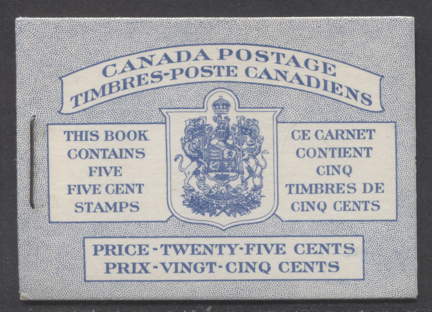Lot 73 Canada #BK48aB 1954 Wildlife Issue, A Complete 25c Bilingual Booklet Made Up Of 5c Blue, One Pane Of 5+Label, Front cover IIIg, Back Cover Mi, Type II Cover, Horizontal Ribbed Paper