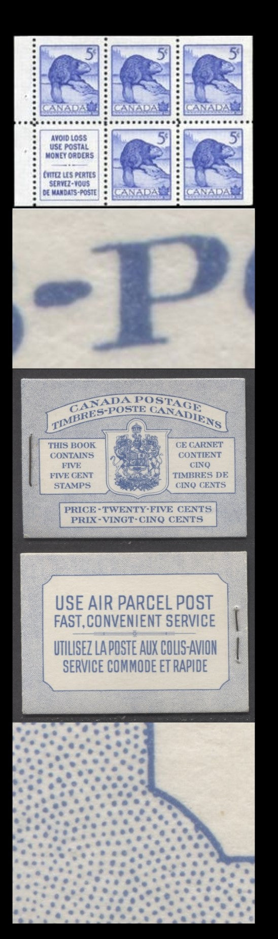 Canada #BK48aB 1954 Wildlife Issue, A Complete 25c Bilingual Booklet Made Up Of 5c Blue, One Pane Of 5+Label, Front cover IIIg, Back Cover Mi, Type II Cover, Horizontal Ribbed Paper