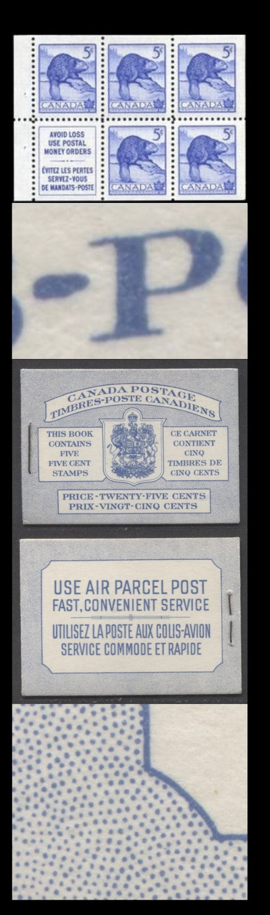 Canada #BK48aB 1954 Wildlife Issue, A Complete 25c Bilingual Booklet Made Up Of 5c Blue, One Pane Of 5+Label, Front cover IIIg, Back Cover Mi, Type II Cover, Horizontal Ribbed Paper