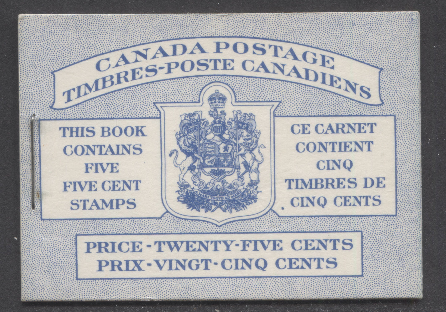 Canada #BK48aB 1954 Wildlife Issue, A Complete 25c Bilingual Booklet Made Up Of 5c Blue, One Pane Of 5+Label, Front cover IIIg, Back Cover Mi, Type II Cover, Cutting Guideline On Front Cover & Large Dot To Left Of 'Cinq'