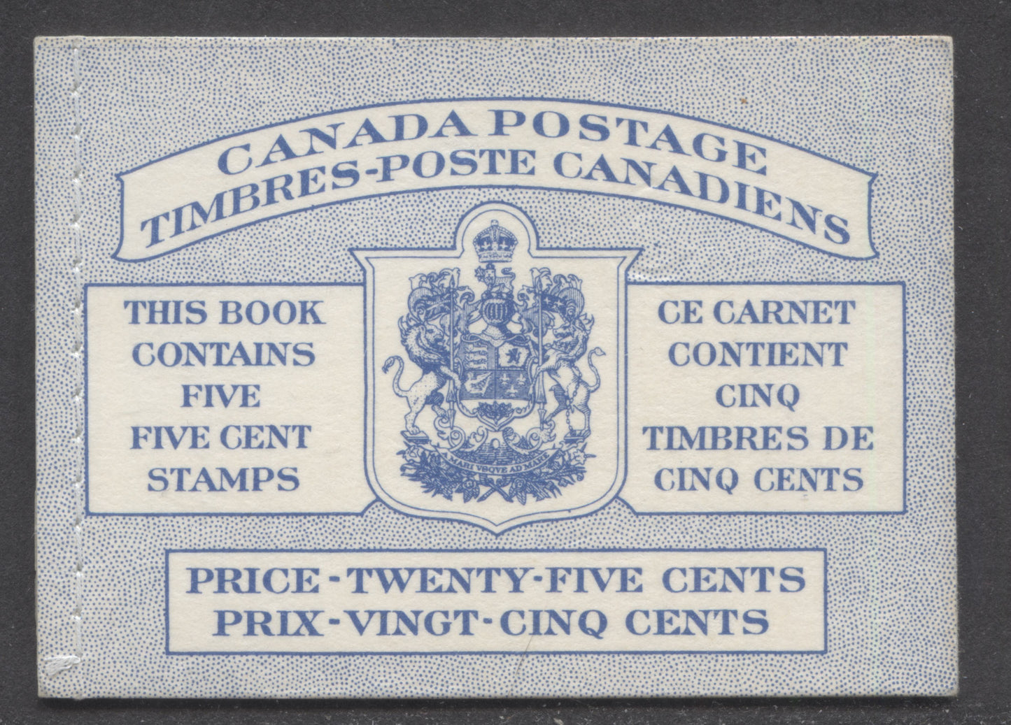 Canada #BK48bB 1954 Wildlife Issue, A Complete 25c Bilingual Booklet Made Up Of 5c Blue, One Pane Of 5+Label, Front cover IIIh, Back Cover Mi, Type II Cover, Horizontal Ribbed Paper, Stitched Cover, Dots Varieties