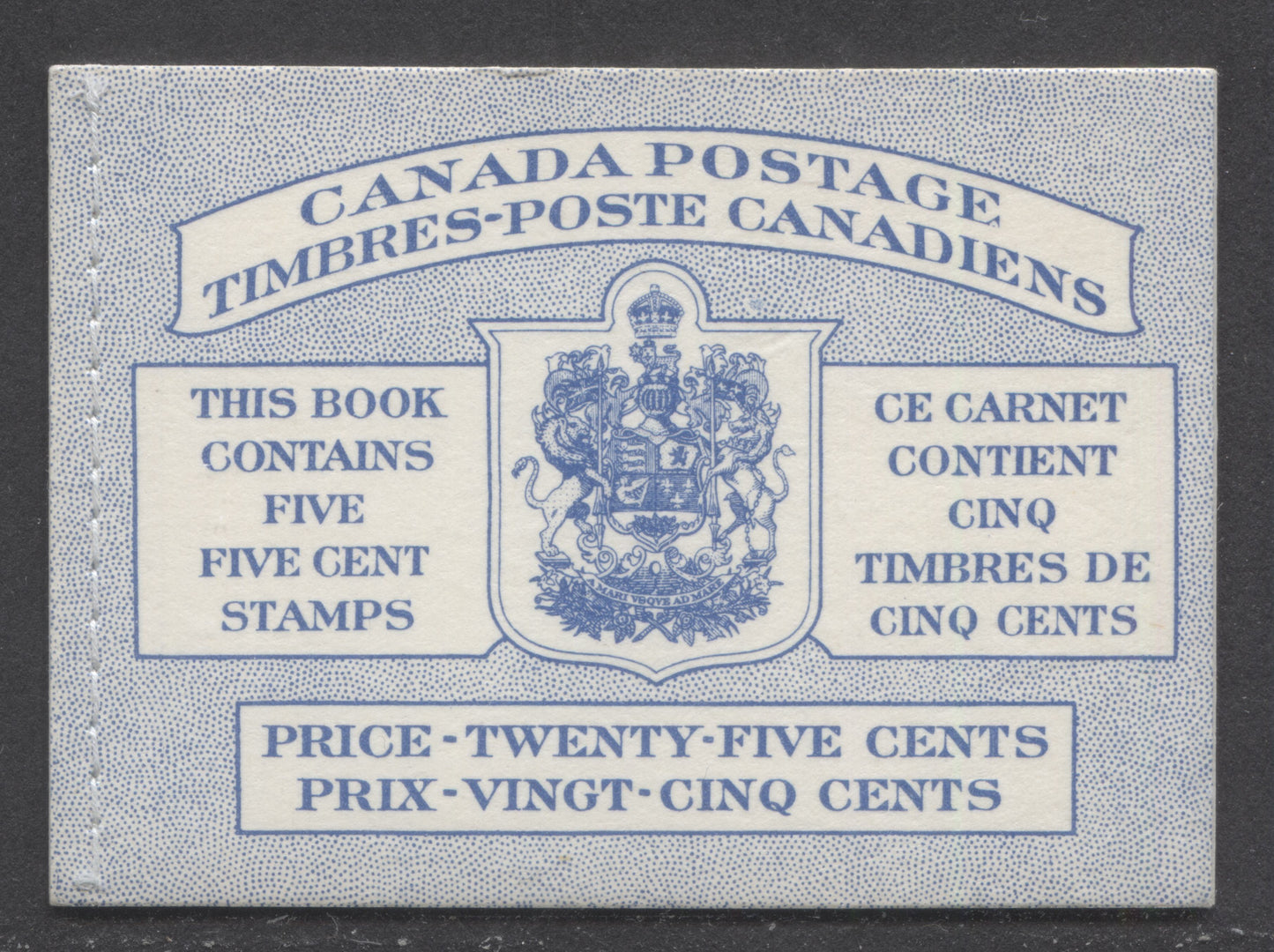 Lot 92 Canada #BK48bB 1954 Wildlife Issue, A Complete 25c Bilingual Booklet Made Up Of 5c Blue, One Pane Of 5+Label, Front cover IIIg, Back Cover Mi, Type II Cover, Horizontal Ribbed Paper, Stitched Cover