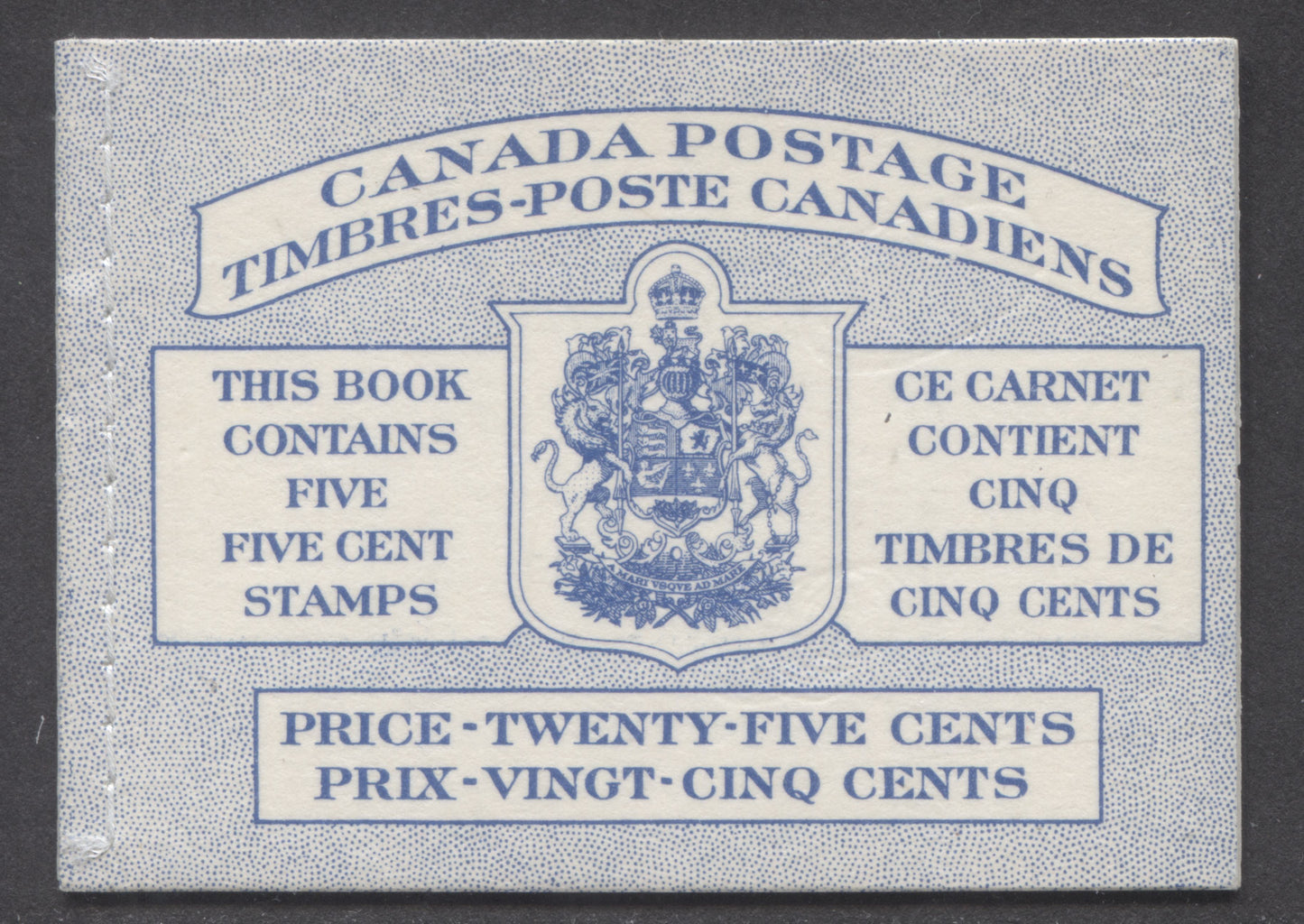 Lot 95 Canada #BK48bB 1954 Wildlife Issue, A Complete 25c Bilingual Booklet Made Up Of 5c Blue, One Pane Of 5+Label, Front cover IIIh, Back Cover Mi, Type II Cover, Horizontal Ribbed Paper, Stitched Cover, Dot Varieties & Break Under 'D' Of Canadiens