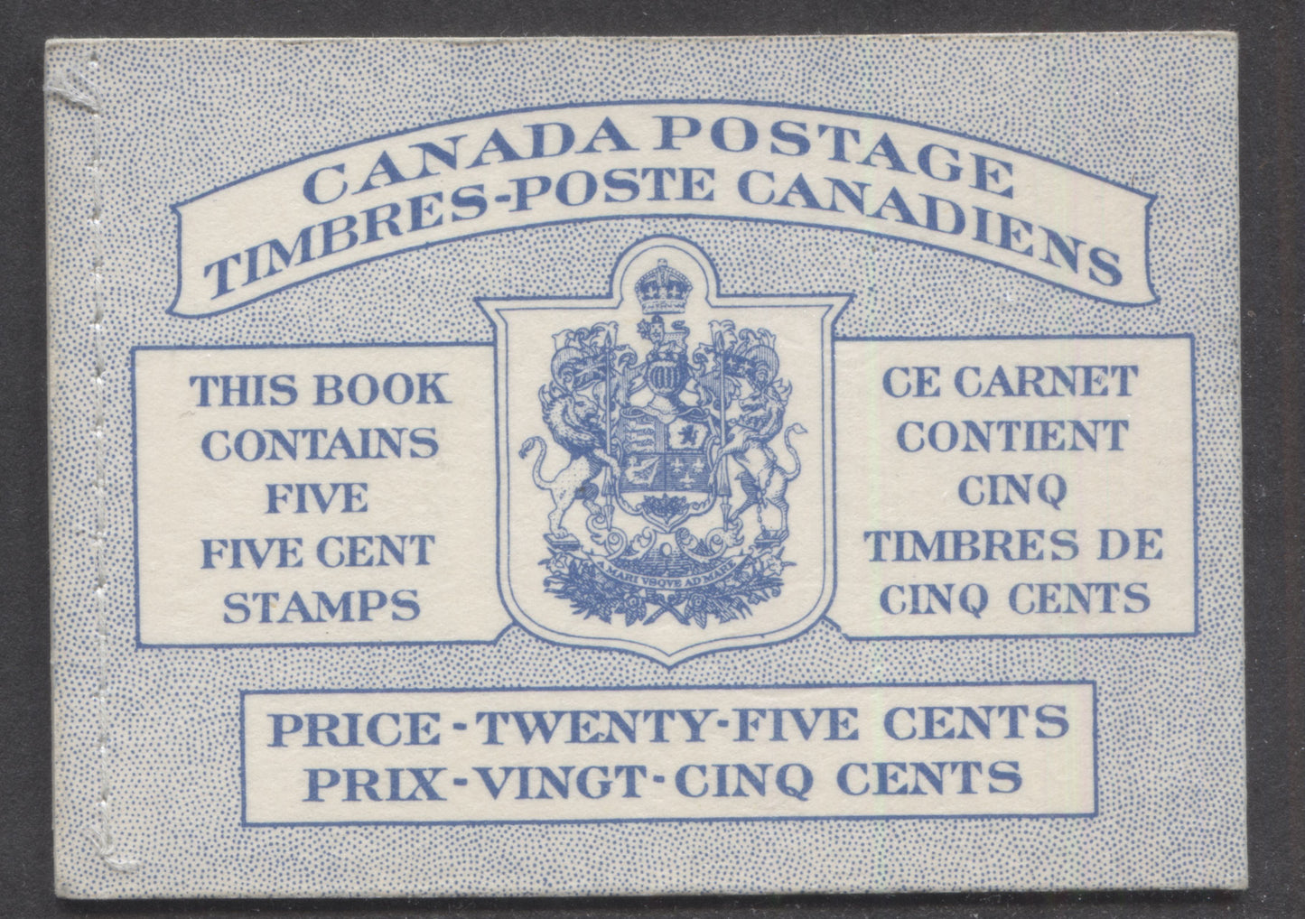 Lot 96 Canada #BK48bB 1954 Wildlife Issue, A Complete 25c Bilingual Booklet With 5c Blue, One Pane Of 5+Label, Front cover IIIh, Back Cover Mi, Type II Cover, Horizontal Ribbed Paper, Stitched Cover, Dot Varieties & Break In Textbox To Left Of 'Cinq'