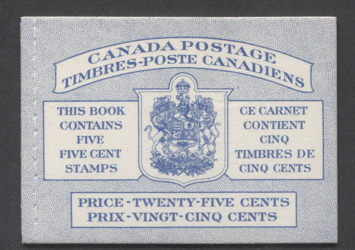 Lot 97 Canada #BK48bB 1954 Wildlife Issue, A Complete 25c Bilingual Booklet Made Up Of 5c Blue, One Pane Of 5+Label, Front cover IIIh, Back Cover Mi, Type II Cover, Smooth Paper, Stitched Cover, Dot Varieties & Break In Textbox To Left Of 'Cinq'