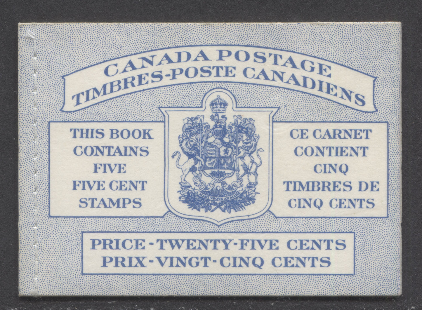 Lot 98 Canada #BK48bB 1954 Wildlife Issue, A Complete 25c Bilingual Booklet Made Up Of 5c Blue, One Pane Of 5+Label, Front cover IIIh, Back Cover Mi, Type II Cover, Horizontal Ribbed Paper, Stitched Cover, Dot Varieties