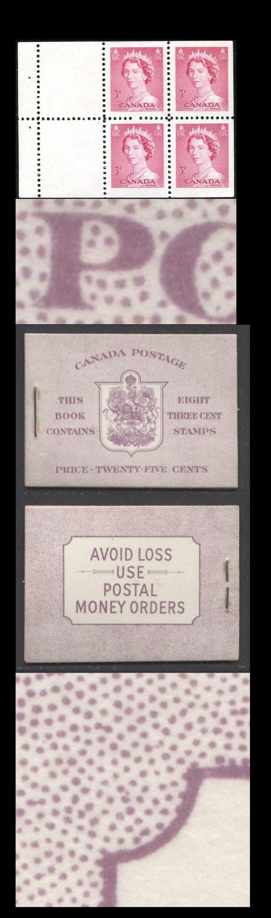 Lot 9 Canada #BK46E 1953 Karsh Issue, A Complete 25c English Booklet Made Up Of 3c Carmine Rose, 2 Panes Of 4+2 Labels, Front Cover IIf, Back Cover Eiii, Type II Cover, No Rate Page