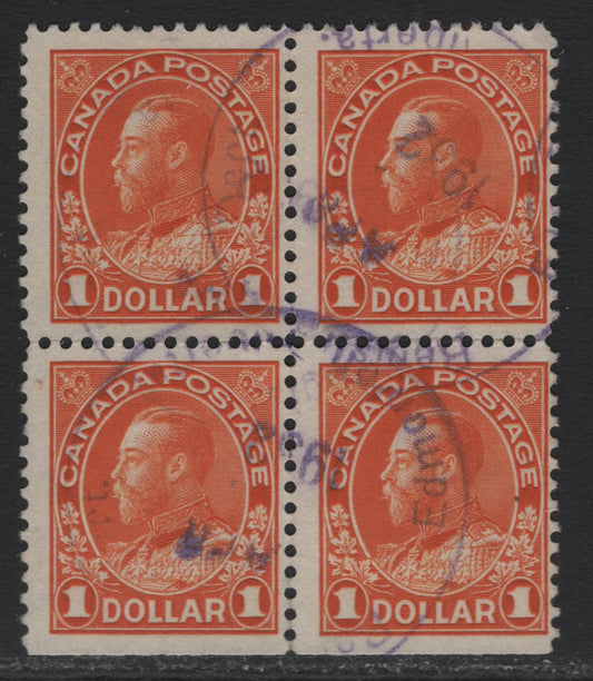 Lot 56 Canada #122 $1 Deep Dull Orange King George V, 1911-1928 Admiral Issue, A Fine Used Block of 4 of the Dry Printing From the Bottom of the Sheet