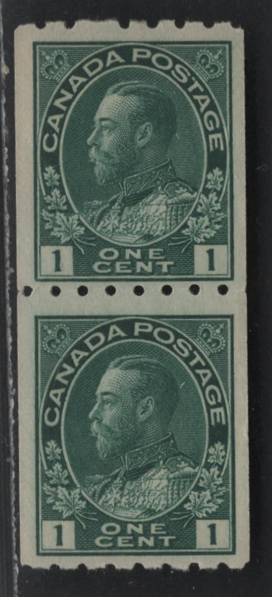 Lot 60 Canada #123 1c Blue Green King George V, 1911-1928 Admiral Issue, A F-VF NH Coil Pair, Perforated 8 Horizontally