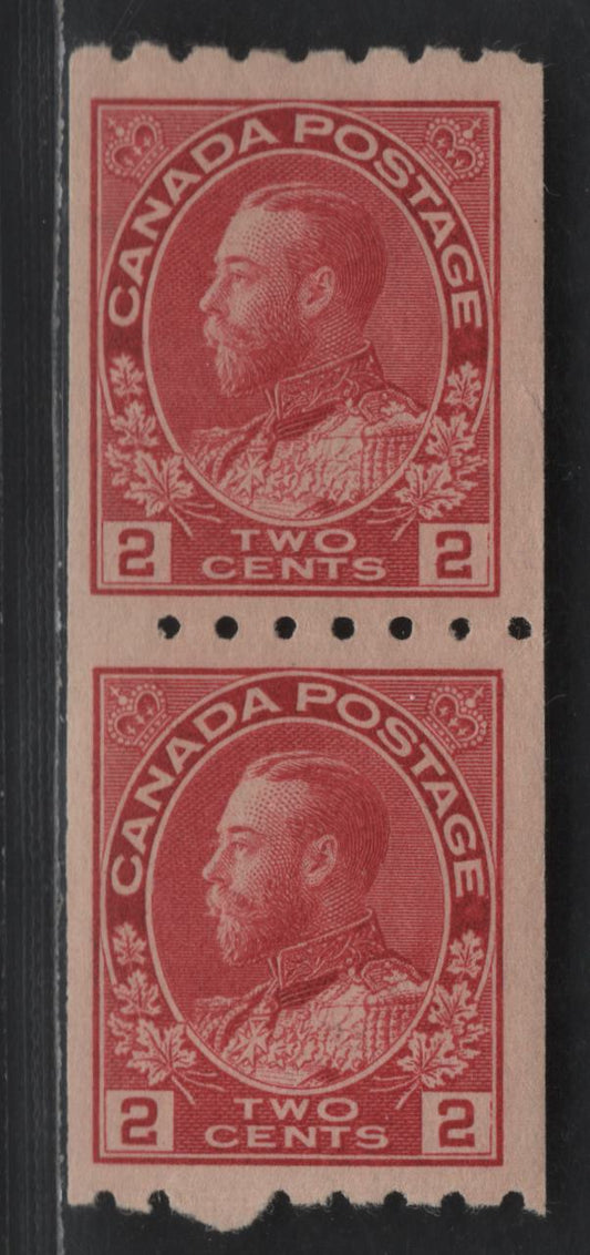 Lot 62 Canada #124var 2c Rose Carmine King George V, 1911-1928 Admiral Issue, a F/VF OG/NH Coil Pair, Perf. 8 Horizontally, Showing Missing Perforation Pins