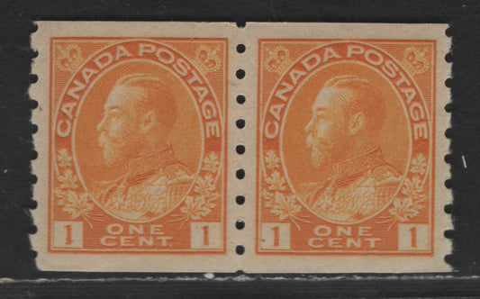 Lot 69 Canada #126d 1c Deep Yellow King George V, 1911-1928 Admiral Issue, A VFNH Coil Pair of the Wet Printing, Die 1, Perforated 8 Vertically