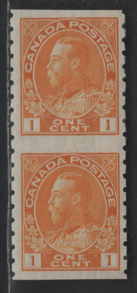 Lot 84 Canada #126a 1c Yellow Orange King George V, 1911-1928 Admiral Issue, A VFNH Part Perforate Coil Pair, Perforated 8 Vertically, Dry Printing
