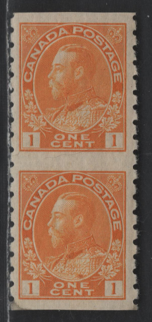 Lot 85 Canada #126a 1c Yellow Orange King George V, 1911-1928 Admiral Issue, A VFLH Part Perforate Coil Pair, Perforated 8 Vertically, Dry Printing