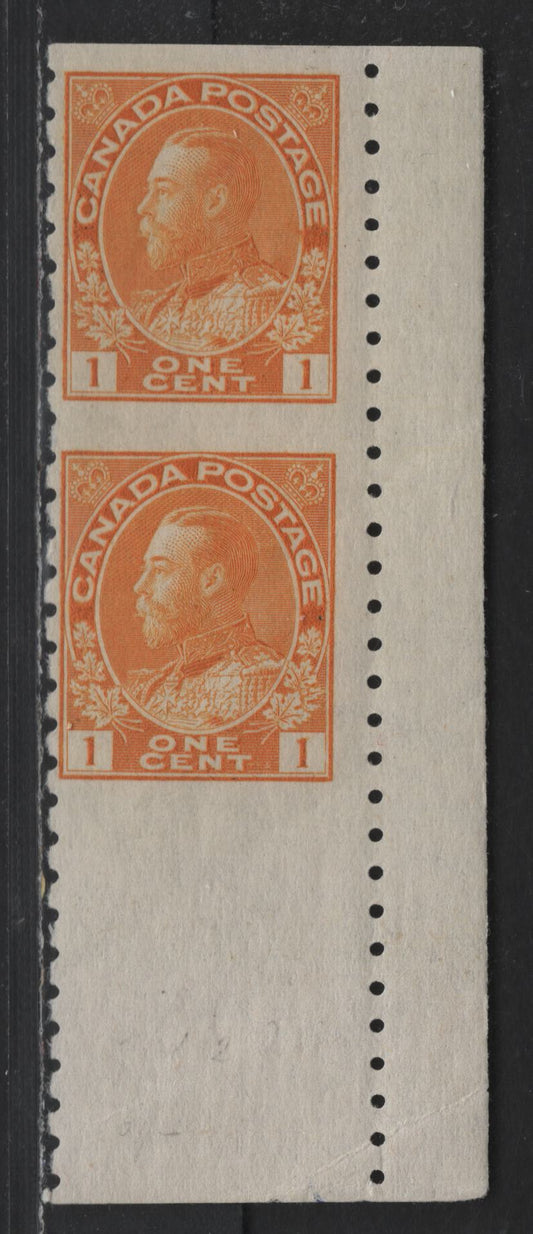 Lot 86 Canada #126a 1c Yellow Orange King George V, 1911-1928 Admiral Issue, A Fine OG Right LR Part Perforate Coil Pair, Perforated 8 Vertically, Dry Printing